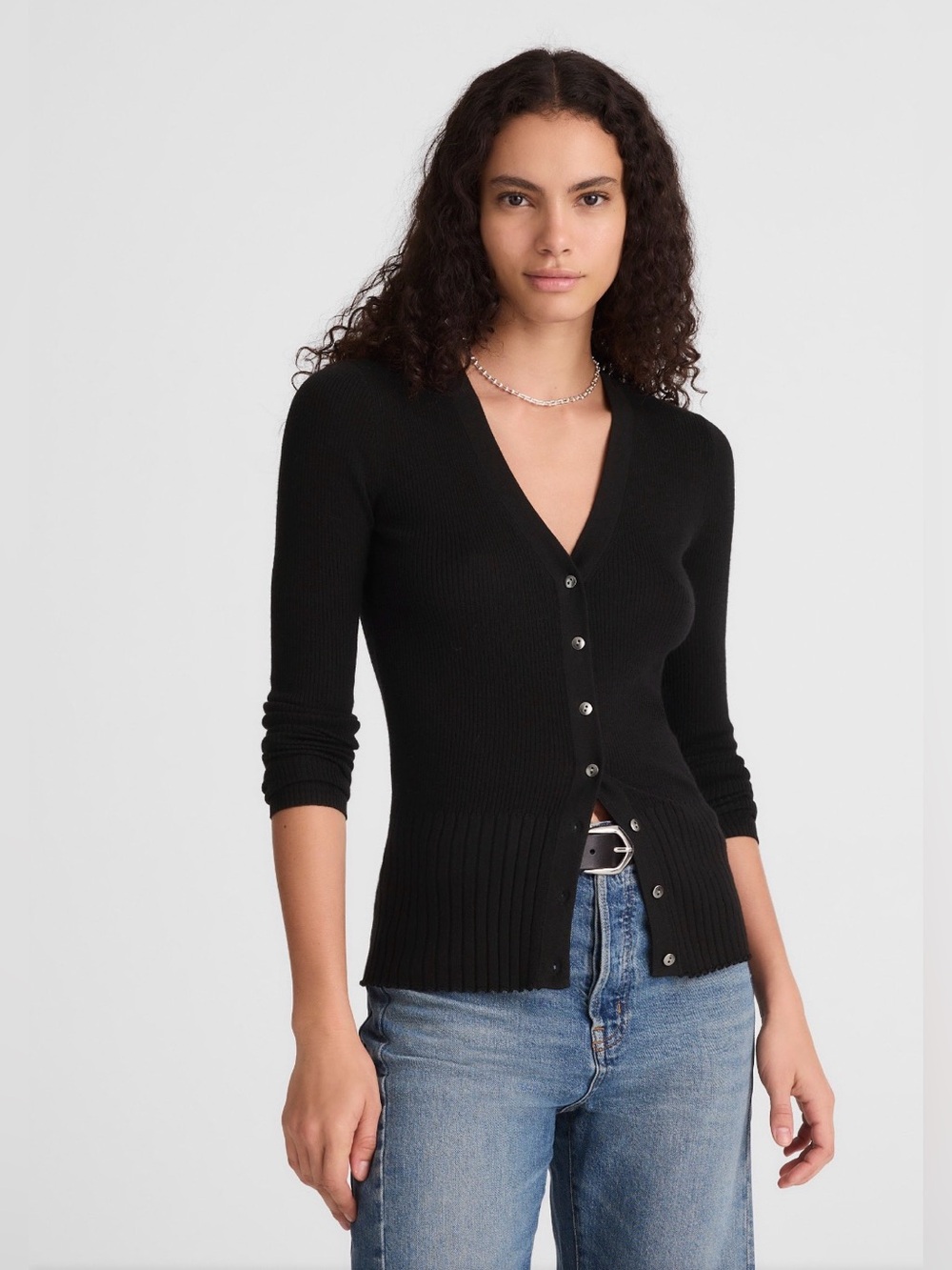 Madewell Black Ribbed V-Neck Button-Front Cardigan Merino-silk Blend NWT Small